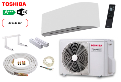 Pack complet clim prêt à poser mono split TOSHIBA HAORI RAS-13J2AVSG-E-RAS-B13N4KVRG-E