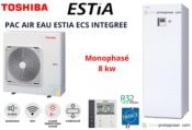 Pompe à chaleur AIR EAU TOSHIBA Estia ECS Intégrée DUO HWT-801HW-E-HWT-1101F21ST6W-E