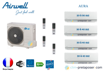 Clim réversible Quadri-split Airwell AURA YDZC436-AW-HDLW009-N91-3xAW-HDLW012-N91