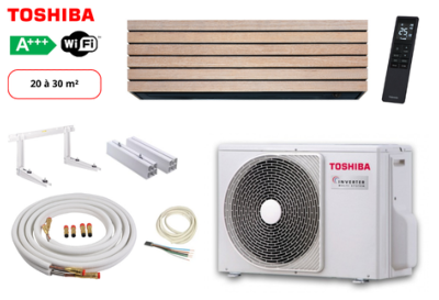 Pack complet clim prêt à poser mono split TOSHIBA RAS-10S4AVPG-E-RAS-B10S4KVDG-E DAISEKAI 10 WOOD