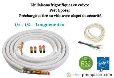 Kit liaisons frigorifiques flares complet préchargé et tiré au vide avec raccords à clapet de sécurité 1/4-1/2