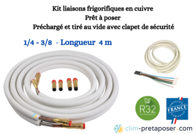 Kit liaisons frigorifiques flares complet préchargé et tiré au vide avec raccords à clapet de sécurité 1/4-3/8  